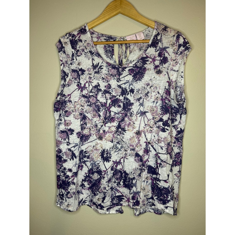 St Tropez West Womens XL Purple Floral 100% Linen Sleeveless Tie Back Blouse Top